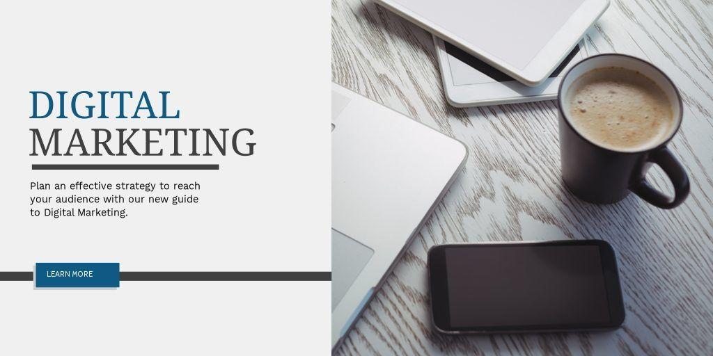 Campaña de marketing con información de texto y una imagen de un escritorio con una laptop, teléfono, tabletas y café - Estrategias de marketing creativas y confiables para tu negocio que realmente funcionan - Imagen