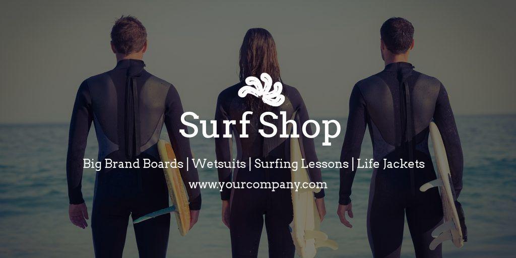Anuncio de marketing de Surf Shop con detalles de productos y una imagen de fondo de surfistas - Estrategias de marketing creativas y confiables para tu negocio que realmente funcionan - Imagen